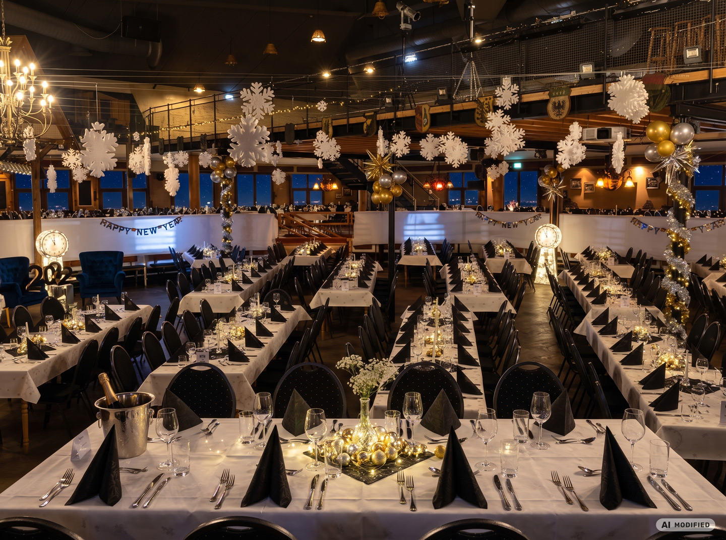 Festlich geschmückter Saal im Brauhaus Kühler Krug zum Silvesterball
